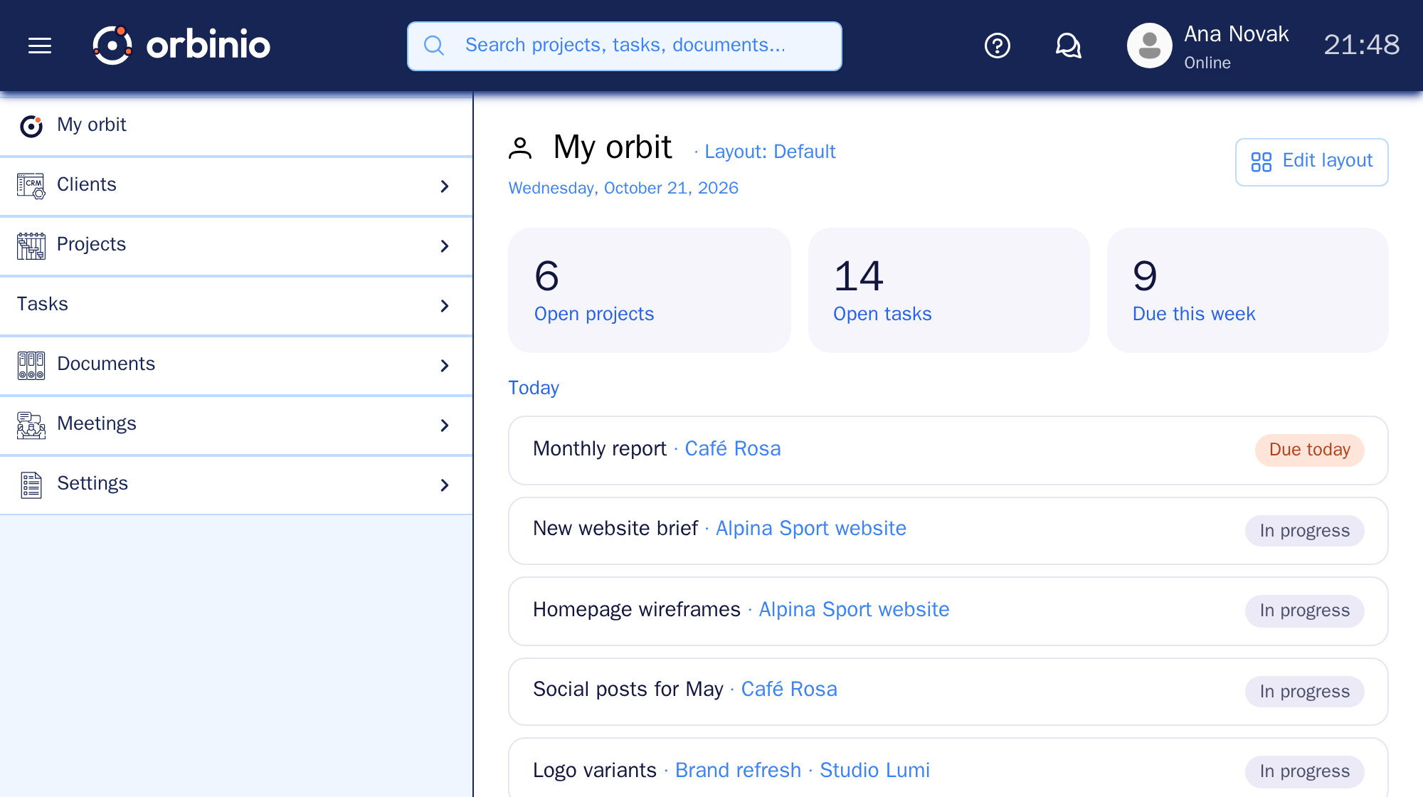 Orbinio My Orbit: open projects, open tasks, due this week and today's tasks
